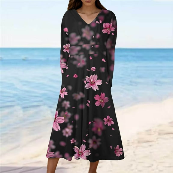 Cavosen Wrap Dresses for Women Long Sleeve Black Maxi Dress High Waist V-Neck Calf Length Long Dress Floral Print Casual Trendy Dress Party Vacation Fall Winter Clothes S