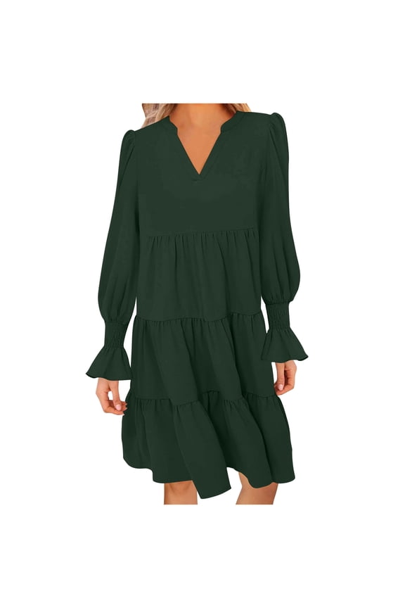 Wrap Dresses for Women Long Sleeve Green Mini Dress Cuffed V-Neck Knee Length Short Dress Solid Smocked Tiered Pleated Casual Trendy Dress Vacation Fall Winter Clothes M