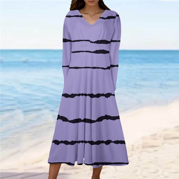 Cavosen Wrap Dresses for Women Long Sleeve Purple Maxi Dress High Waist V-Neck Calf Length Long Dress Striped Casual Trendy Dress Flowy Party Vacation Fall Winter Clothes L