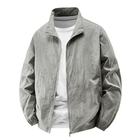 Cavosen Zipper Jacket for Men Waterproof Long Sleeve Lightweight Stand Collar Coat with Pockets Solid Color Outdoor Casual Versatile Tops