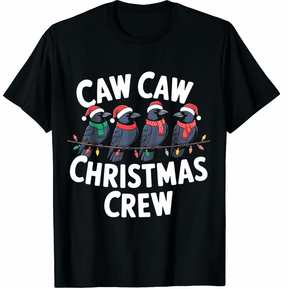 Caw Christmas Crew Birds Black Short Sleeve T-Shirt for Men and Women