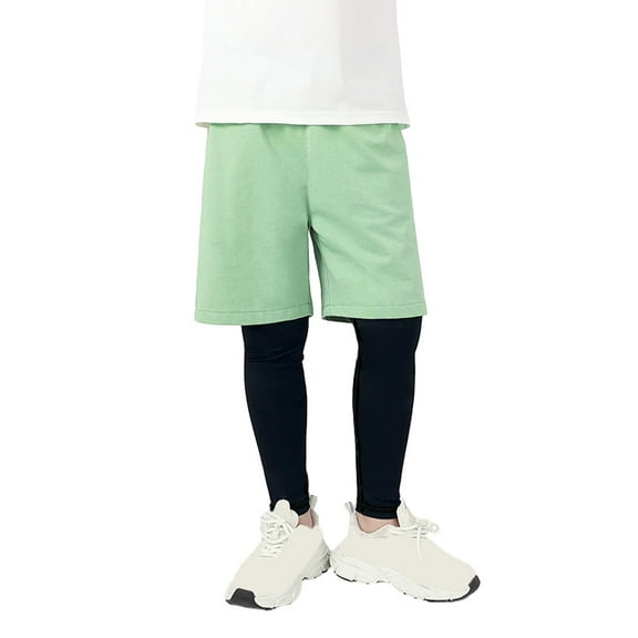 CawBing Boys Sports Leggings with Shorts for Basketball Kids 2 in 1 Running Workout Athletic Legging Pants Breathable Quick Dry Sports Basketball Pants 5-14 Years