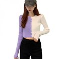 thumbnail image 1 of CawBing Korean Version Of Women's Round Collar Stitching Contrast Color Exposing Navel Long Sleeve Cardigan Jacket Purple Uniform Code, 1 of 6