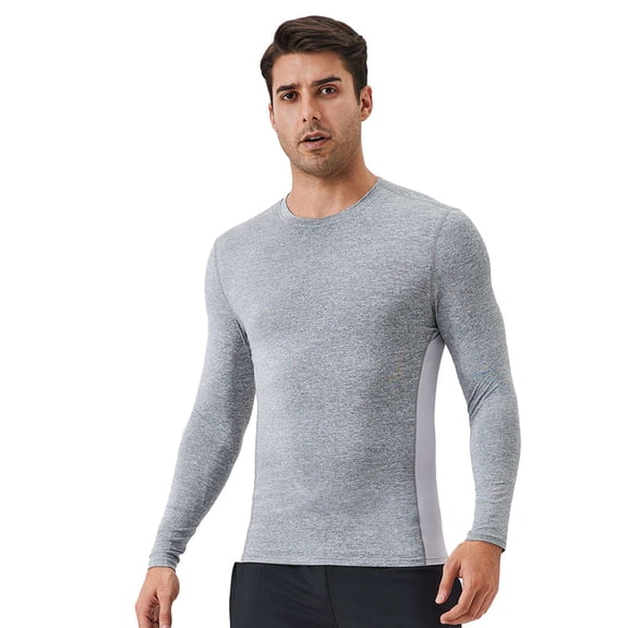 CawBing Men's Long Sleeve Compression Shirt Quick Dry Breathable Running Workout T Shirt Stretchy Tight Sports Top, Side Breathable Patchwork S-2XL