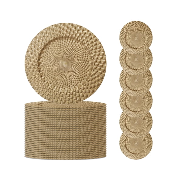 Caxkun 13 Inch Gold Charger Plates Plastic Plate Chargers for Table Setting Round Peacock Motif Chargers for Dinner Plates Supplies for All Holidays and Parties Set of 24