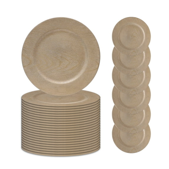 Caxkun 13 Inch Gold Charger Plates Plastic Plate Chargers for Table Setting Round Wood Grain Chargers for Dinner Plates Supplies for All Holidays and Parties Set of 36