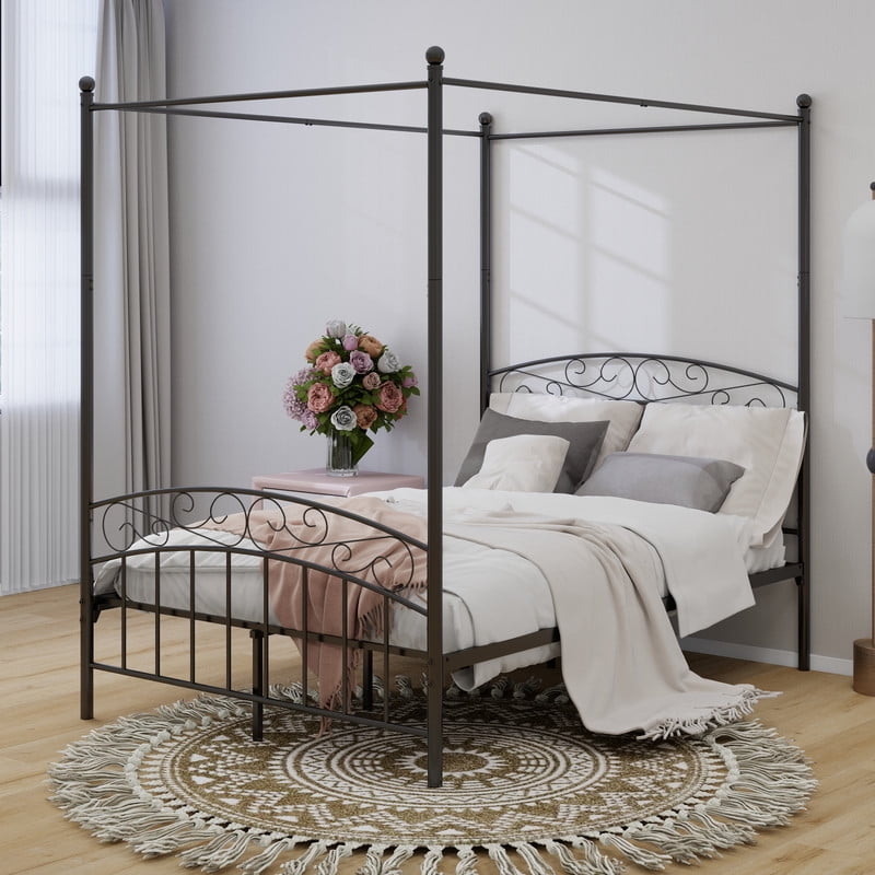 Caxkun Full Size Canopy Bed Frame Four-Poster Metal Platform Bed with Headboard and Footboard Sturdy Heavy Duty Steel Slat Support，Black