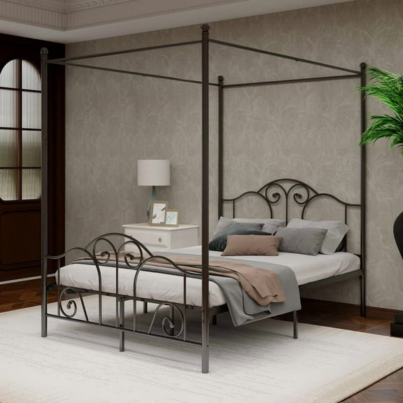 Caxkun Full Size Canopy Bed with Vintage Style Headboard and Footboard,Four Poster Bed Frame with Storage,Black