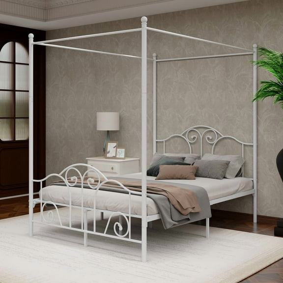 Caxkun Full Size Canopy Bed with Vintage Style Headboard and Footboard,Four Poster Bed Frame with Storage,White