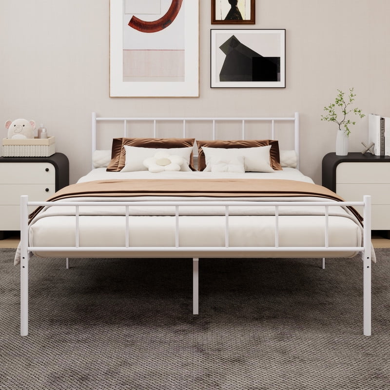 Caxkun Full Size Classic Metal Platform Bed Frame Steel Slat Support, White