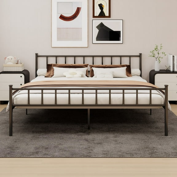 Caxkun King Size Classic Metal Platform Bed Frame Steel Slat Support, Black