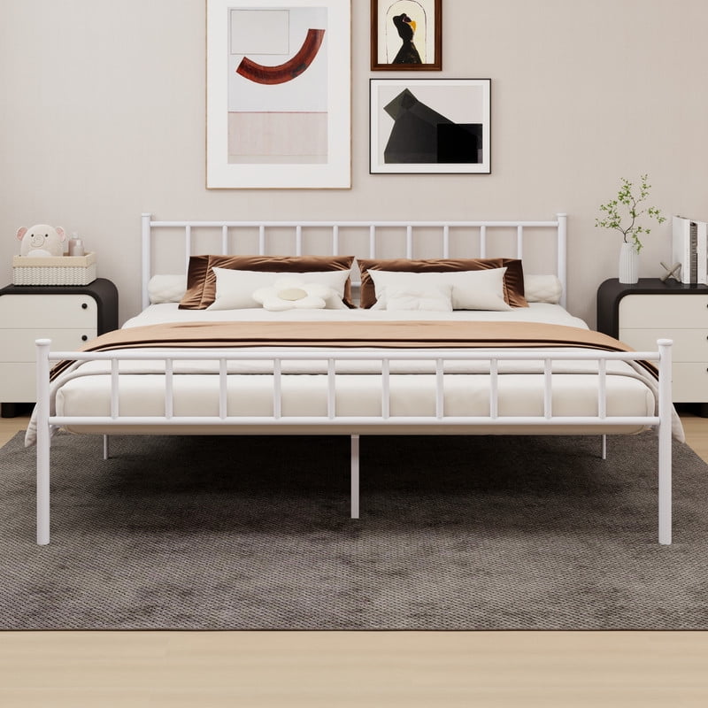 Caxkun King Size Classic Metal Platform Bed Frame Steel Slat Support, White