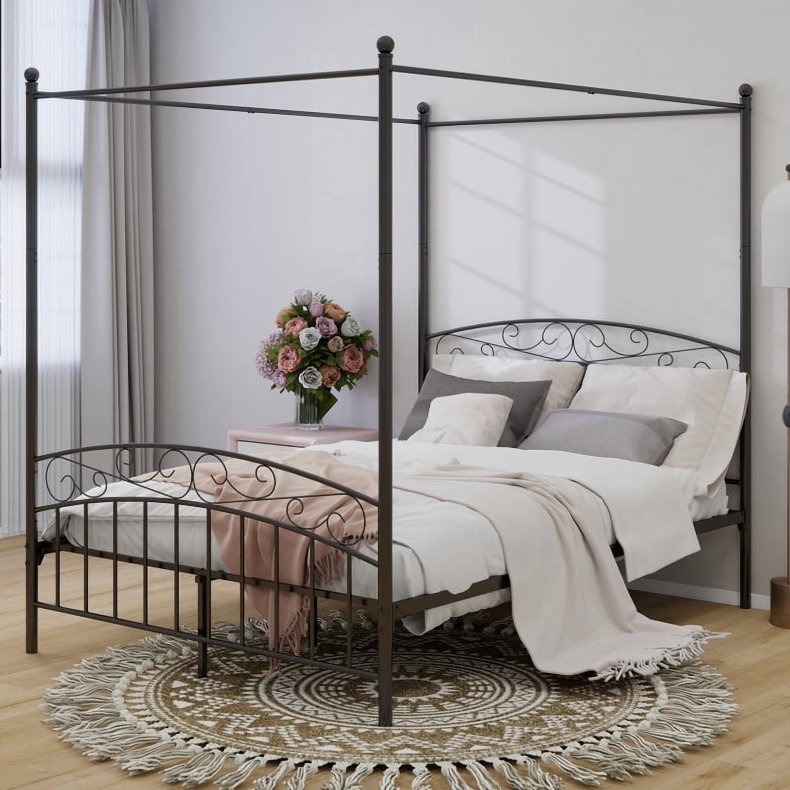Caxkun Queen Size Canopy Bed Frame Four-Poster Metal Platform Bed with Headboard and Footboard Sturdy Heavy Duty Steel Slat Support，Black