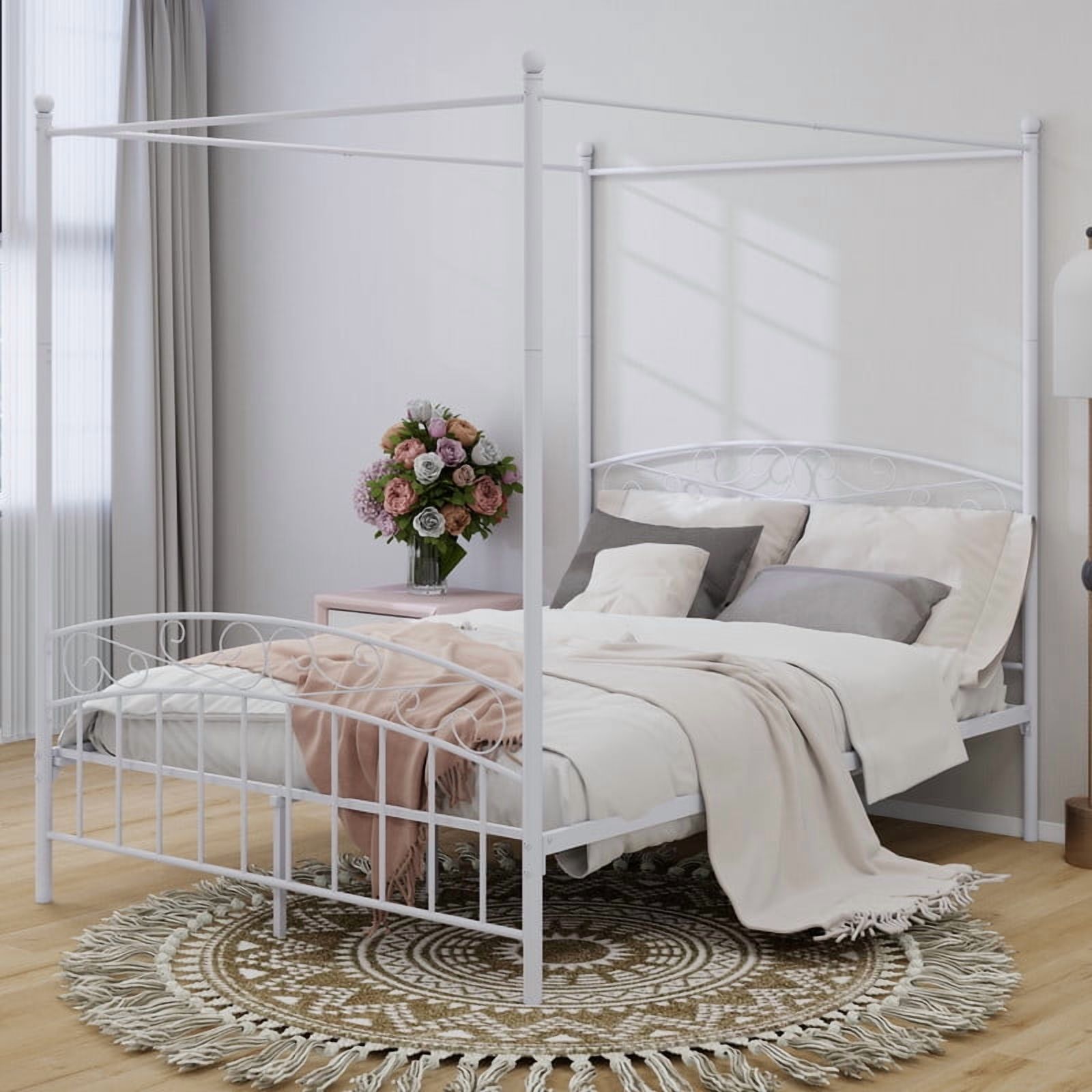 Caxkun Queen Size Canopy Bed Frame Four-Poster Metal Platform Bed with Headboard and Footboard Sturdy Heavy Duty Steel Slat Support,White