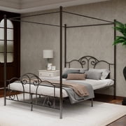 Caxkun Queen Size Canopy Bed with Vintage Style Headboard and Footboard,Four Poster Bed Frame with Storage,Black