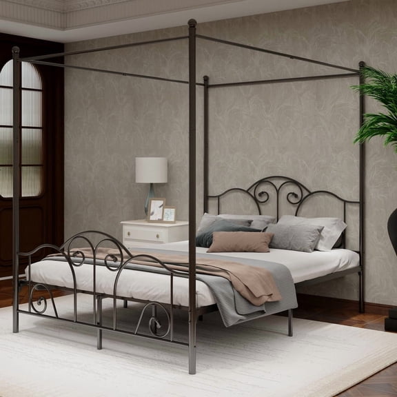 Caxkun Queen Size Canopy Bed with Vintage Style Headboard and Footboard,Four Poster Bed Frame with Storage,Black