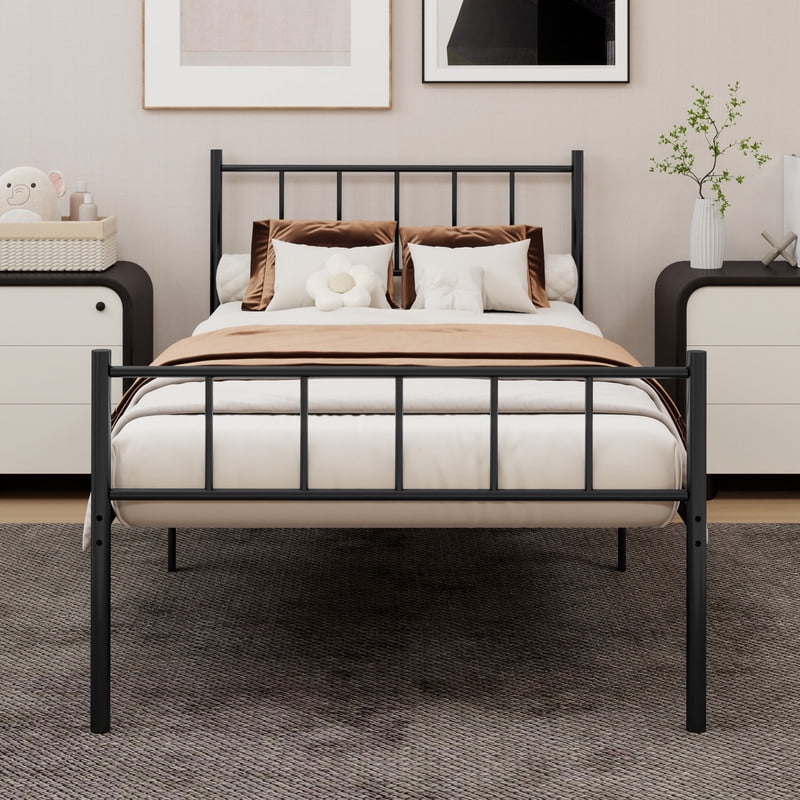Caxkun Twin Size Classic Metal Platform Bed Frame Steel Slat Support, Black