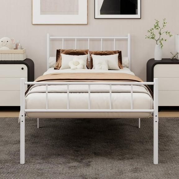Caxkun Twin Size Classic Metal Platform Bed Frame Steel Slat Support, White