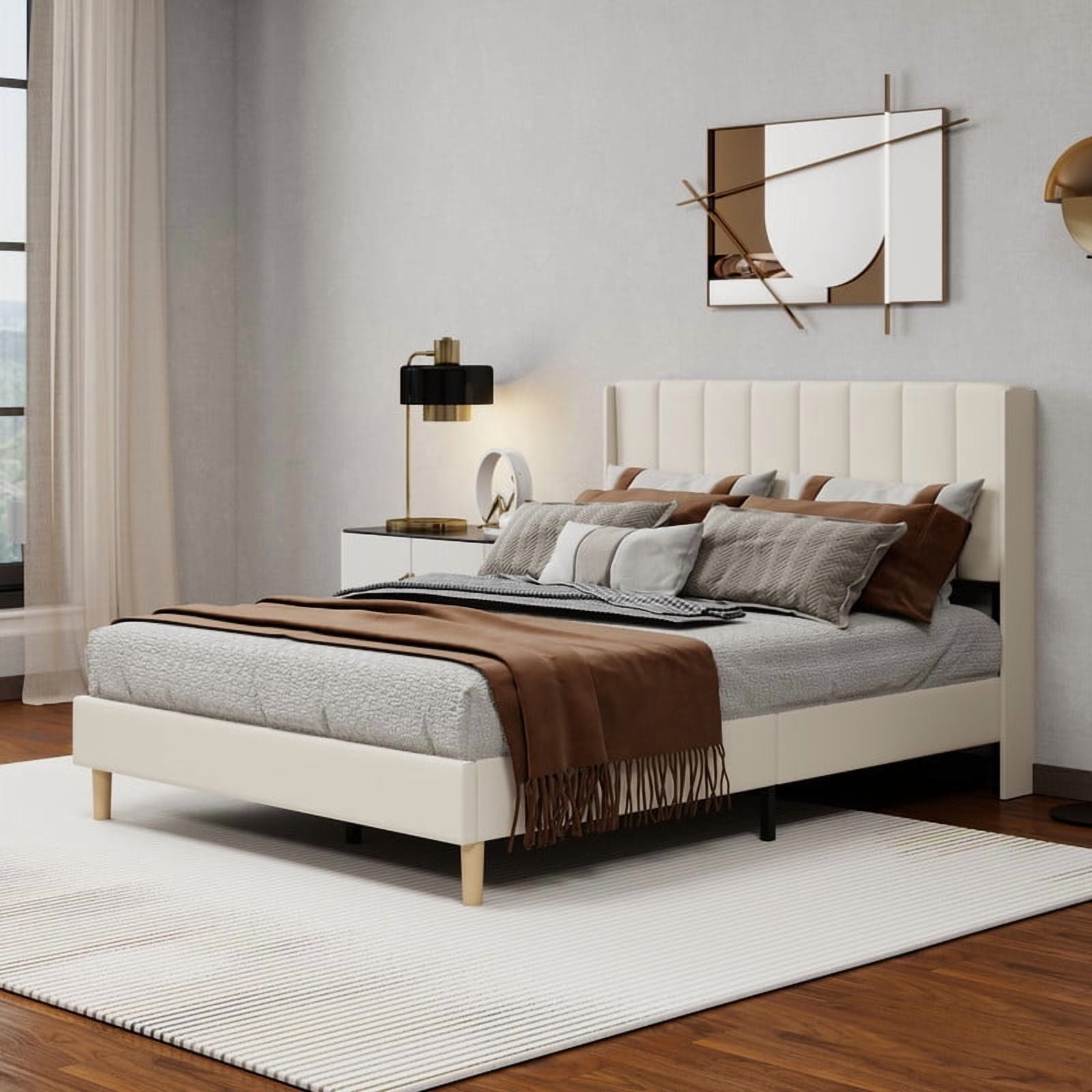 Caxkun Upholstered Platform Full Size Bed Frame with Wingback headboard Wooden Slats Support,Beige Velvet
