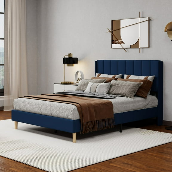 Caxkun Upholstered Platform Full Size Bed Frame with Wingback headboard Wooden Slats Support,Blue Velvet
