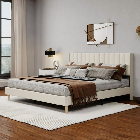 Caxkun Upholstered Platform King Size Bed Frame with Wingback headboard Wooden Slats Support,Beige Velvet