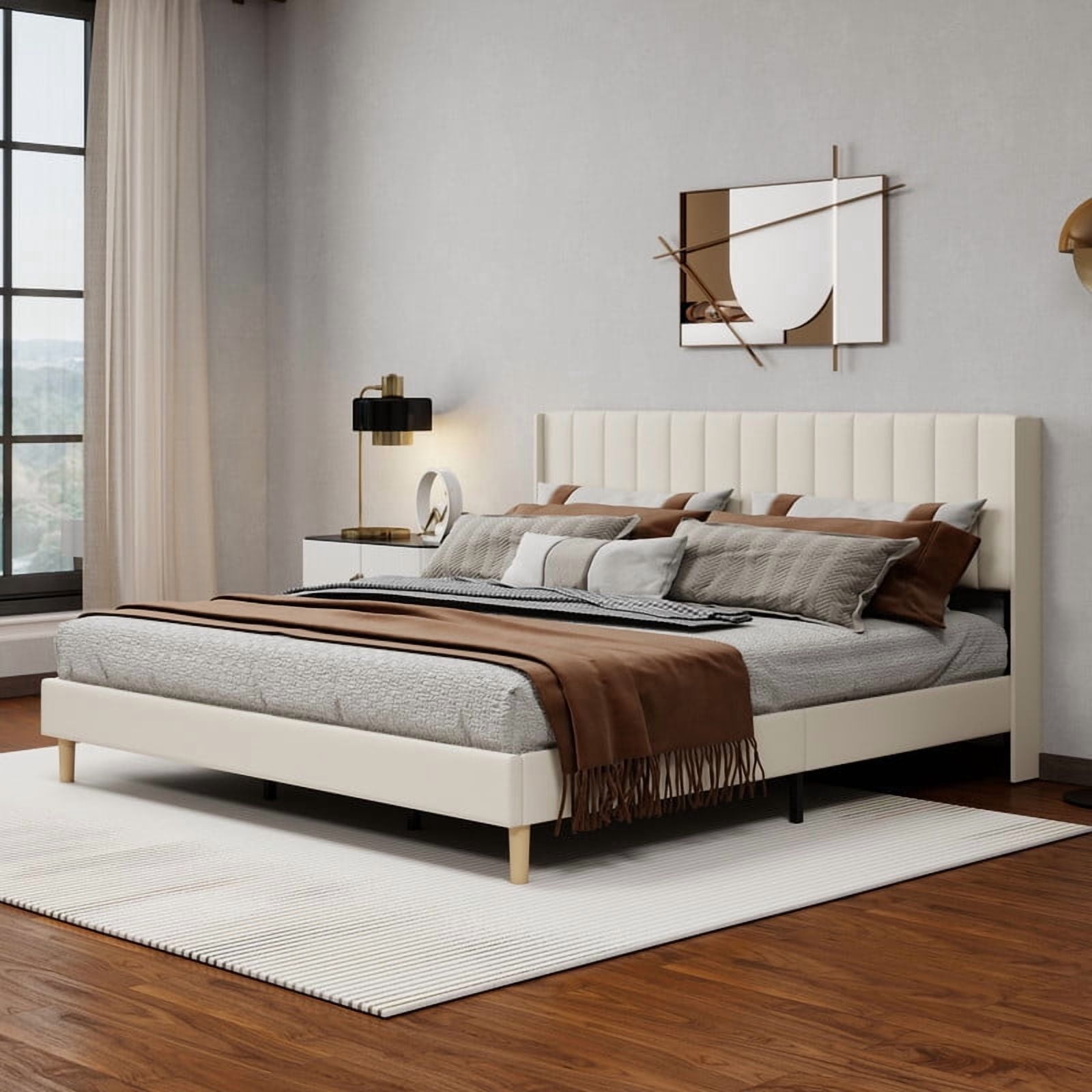 Caxkun Upholstered Platform King Size Bed Frame with Wingback Headboard Wooden Slats Support,Beige Velvet