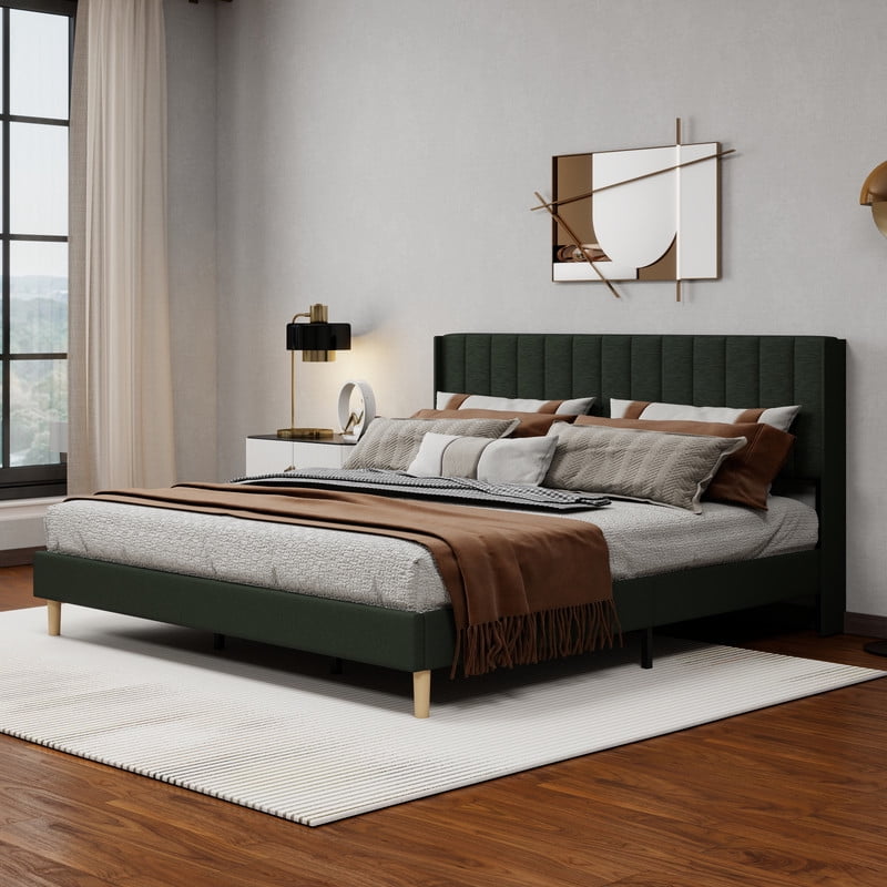 Caxkun Upholstered Platform King Size Bed Frame with Wingback headboard Wooden Slats Support,Black Linen