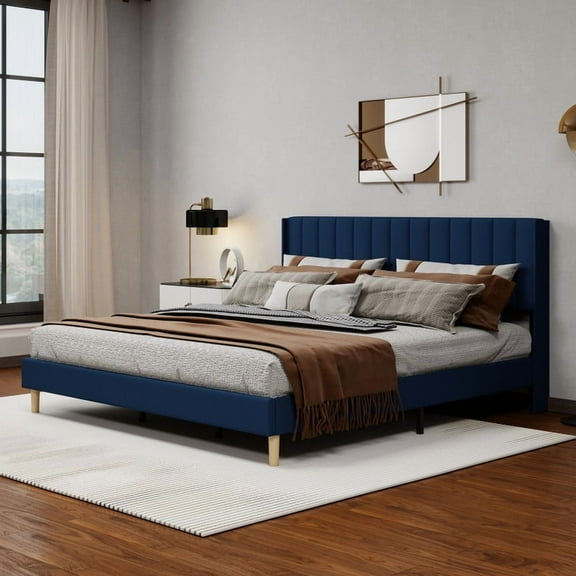 Caxkun Upholstered Platform King Size Bed Frame with Wingback headboard Wooden Slats Support,Blue Velvet