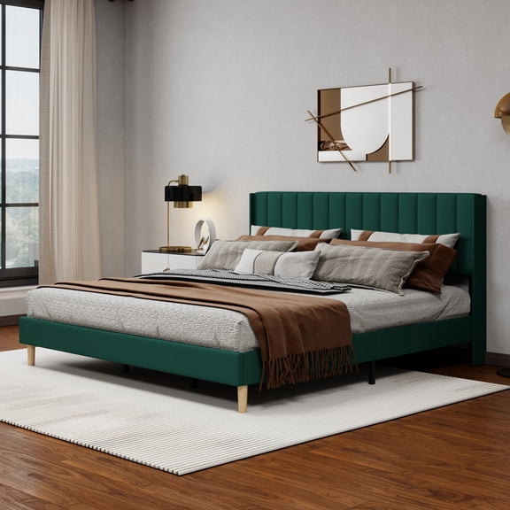 Caxkun Upholstered Platform King Size Bed Frame with Wingback headboard Wooden Slats Support,Green Velvet