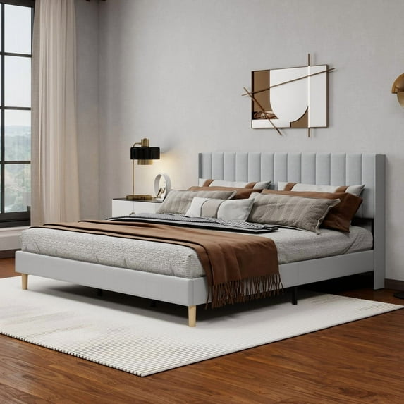 Caxkun Upholstered Platform King Size Bed Frame with Wingback headboard Wooden Slats Support,Light Grey Linen