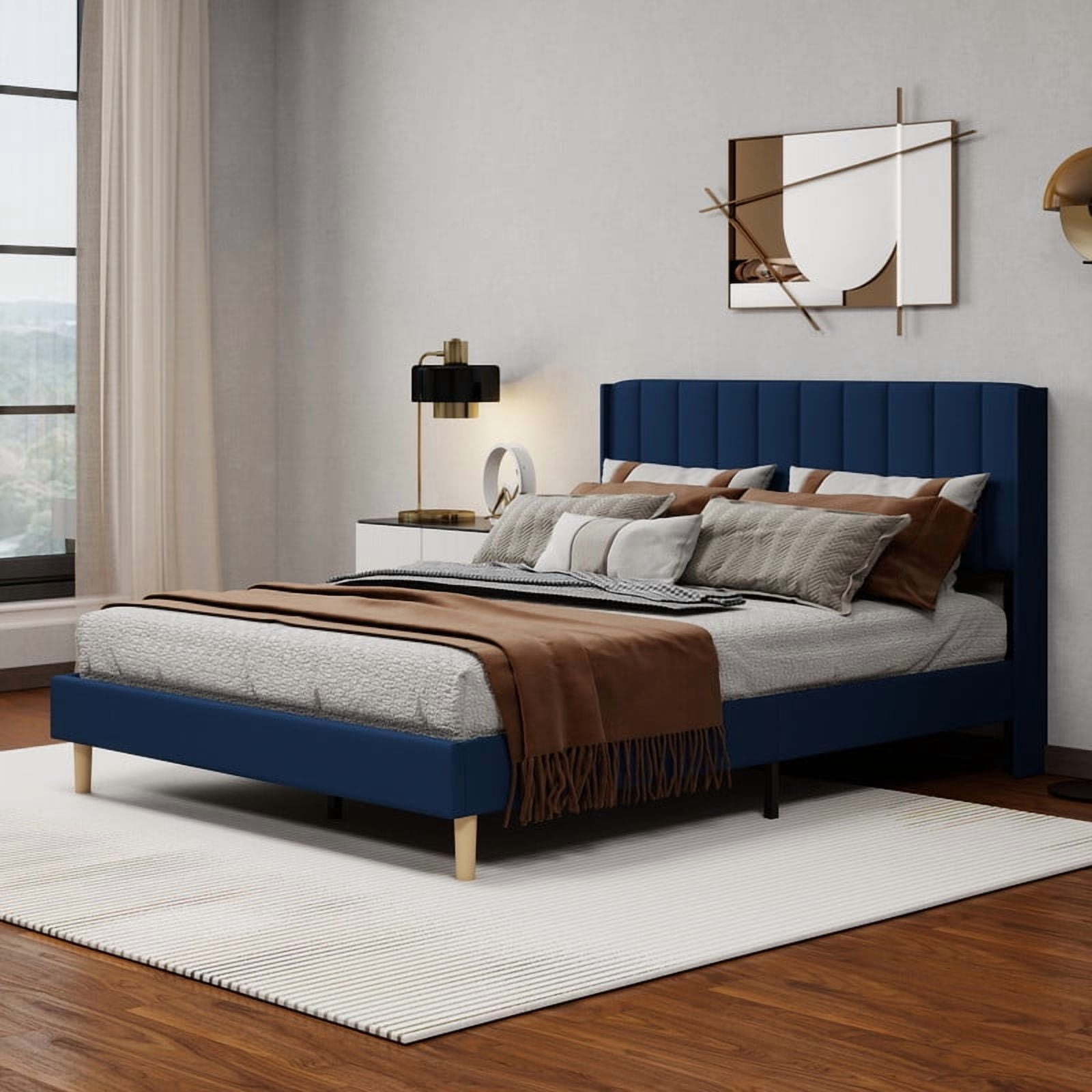 Caxkun Upholstered Platform Queen Size Bed Frame with Wingback headboard Wooden Slats Support,Blue Velvet