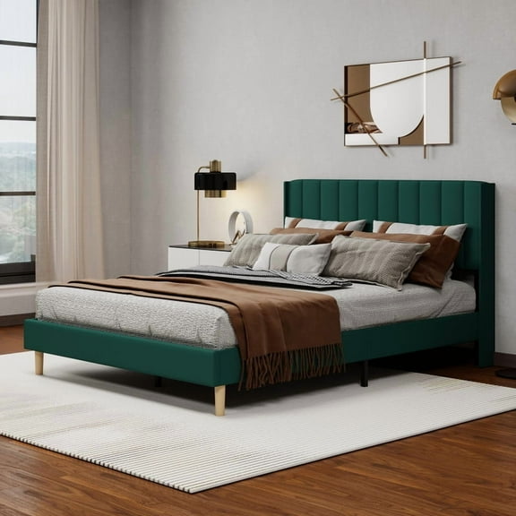 Caxkun Upholstered Platform Queen Size Bed Frame with Wingback headboard Wooden Slats Support,Green Velvet