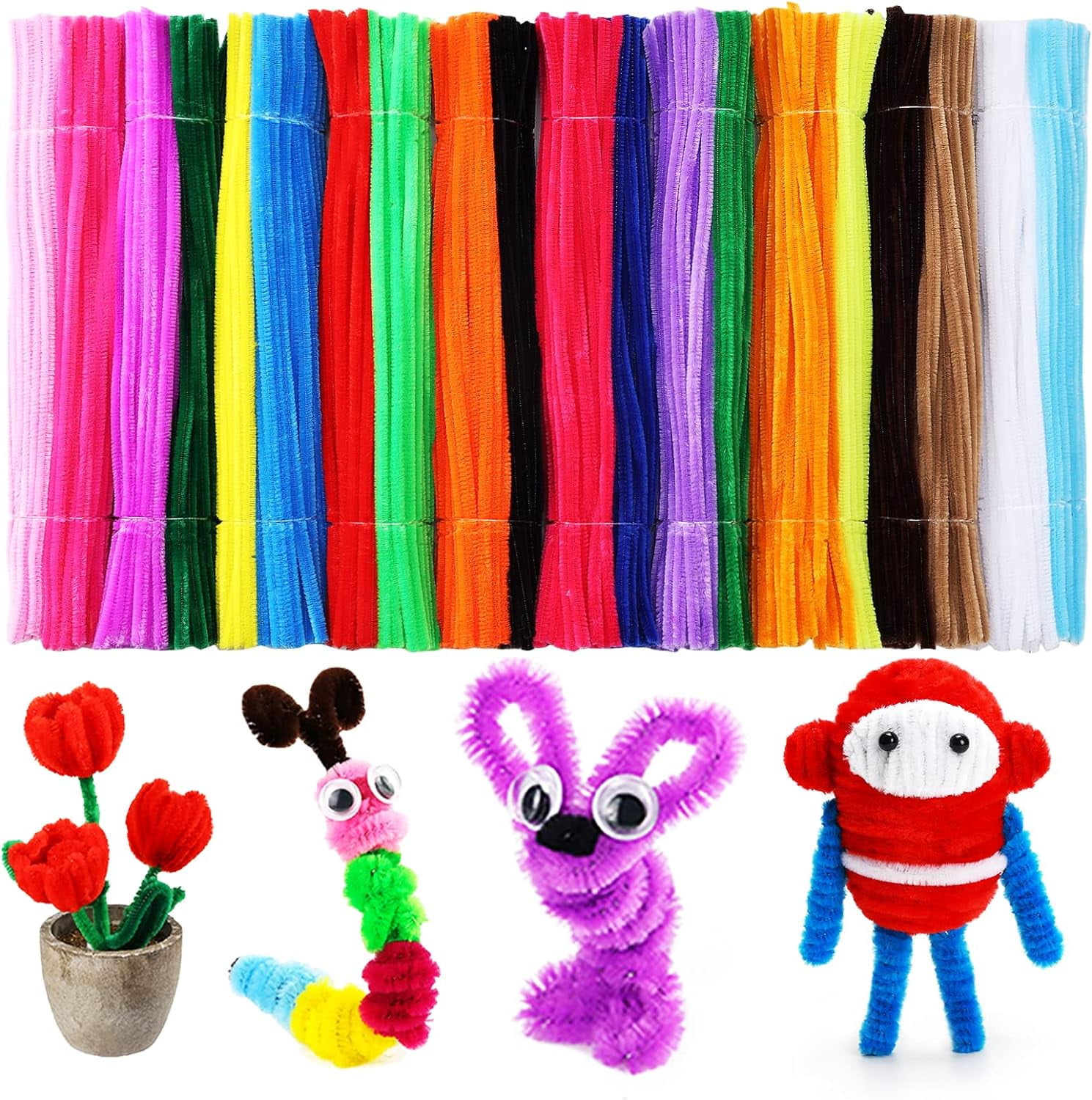 200psc in 15 Glitter Colors, Pipe Cleaners,Glitter Pipe Cleaners, Chenille  Stems, Pipe Cleaners for Crafts, Pipe Cleaner Crafts, Art and Craft Supplies.  