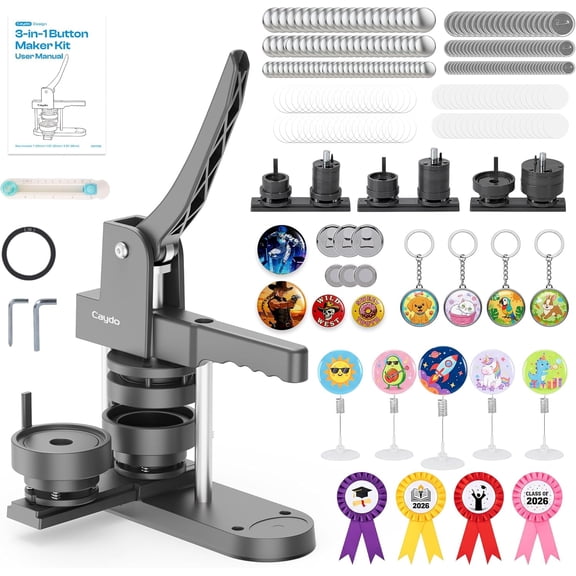 Caydo BM Button Maker Machine Multiple Sizes, 1+1.25+2.25 Inch Pin Maker Machine Kit, 3 in 1 Button Press Machine Making Kit with Maker Supplies for Fridge Magnet Keychain Bottle Opener DIY Crafts