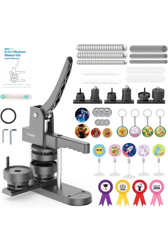 BM Button Maker Machine Multiple Sizes, 1+1.25+2.25 Inch Pin Maker Machine Kit, 3 in 1 Button Press Machine Making Kit with Maker Supplies for Fridge Magnet Keychain Bottle Opener DIY Crafts
