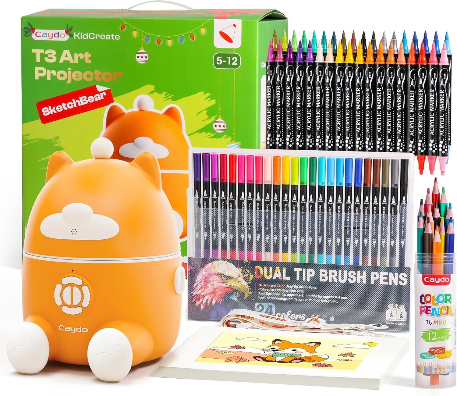 Caydo T3 Smart Drawing Projector Kit, Includes 12 Colored Pencils, 36 Acrylic Paint Markers, 24 Watercolor Markers & 50 Sheet Drawing Paper, Art Gift for Kids Ages 5-10 for Birthday & Christmas