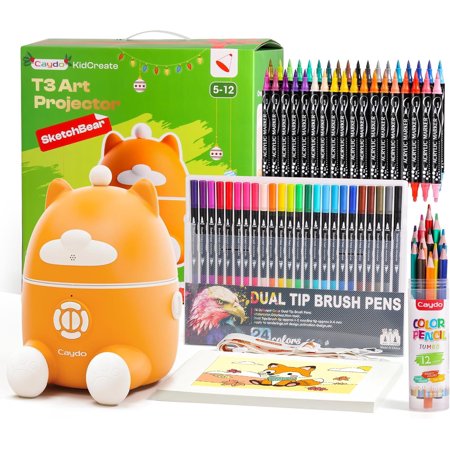 Caydo T3 Smart Drawing Projector Kit, Includes 12 Colored Pencils, 36 Acrylic Paint Markers, 24 Watercolor Markers & 50 Sheet Drawing Paper, Art Gift for Kids Ages 5-10 for Birthday & Christmas