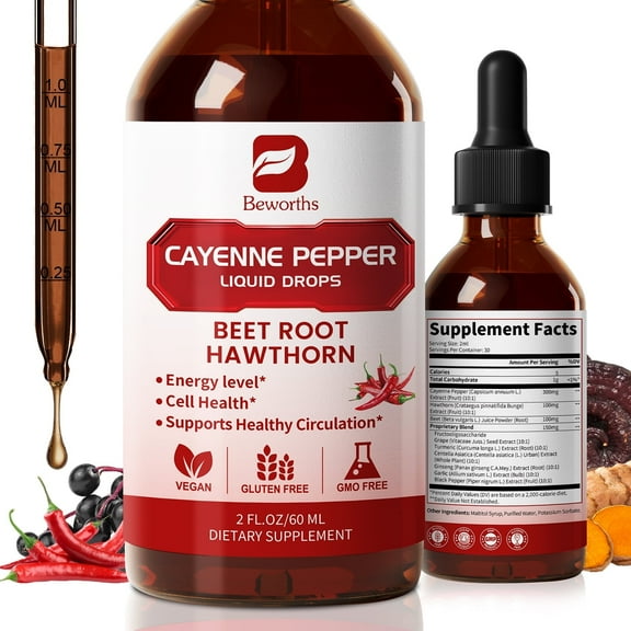 Cayenne Pepper Liquid Drops, with Hawthorn & Beet Root Powder for Digestive Support, Cardiovascular & Circulatory Support, 2 fl oz