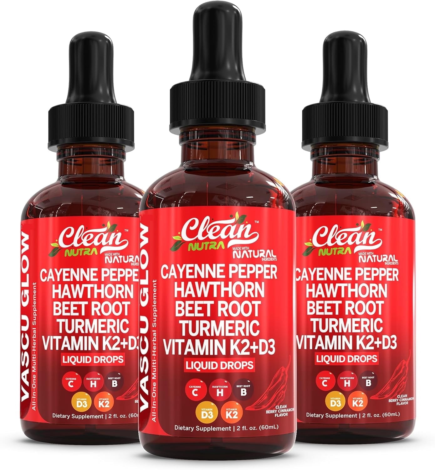 Clean Nutra Cayenne Pepper Drops Supplement Liquid + Hawthorn Berry, Vitamin D3 K2 Beet Root Powder, Ceylon Cinnamon, Turmeric Curcumin, Organic Panax Ginseng, Berberine Extract 1  3 Pack