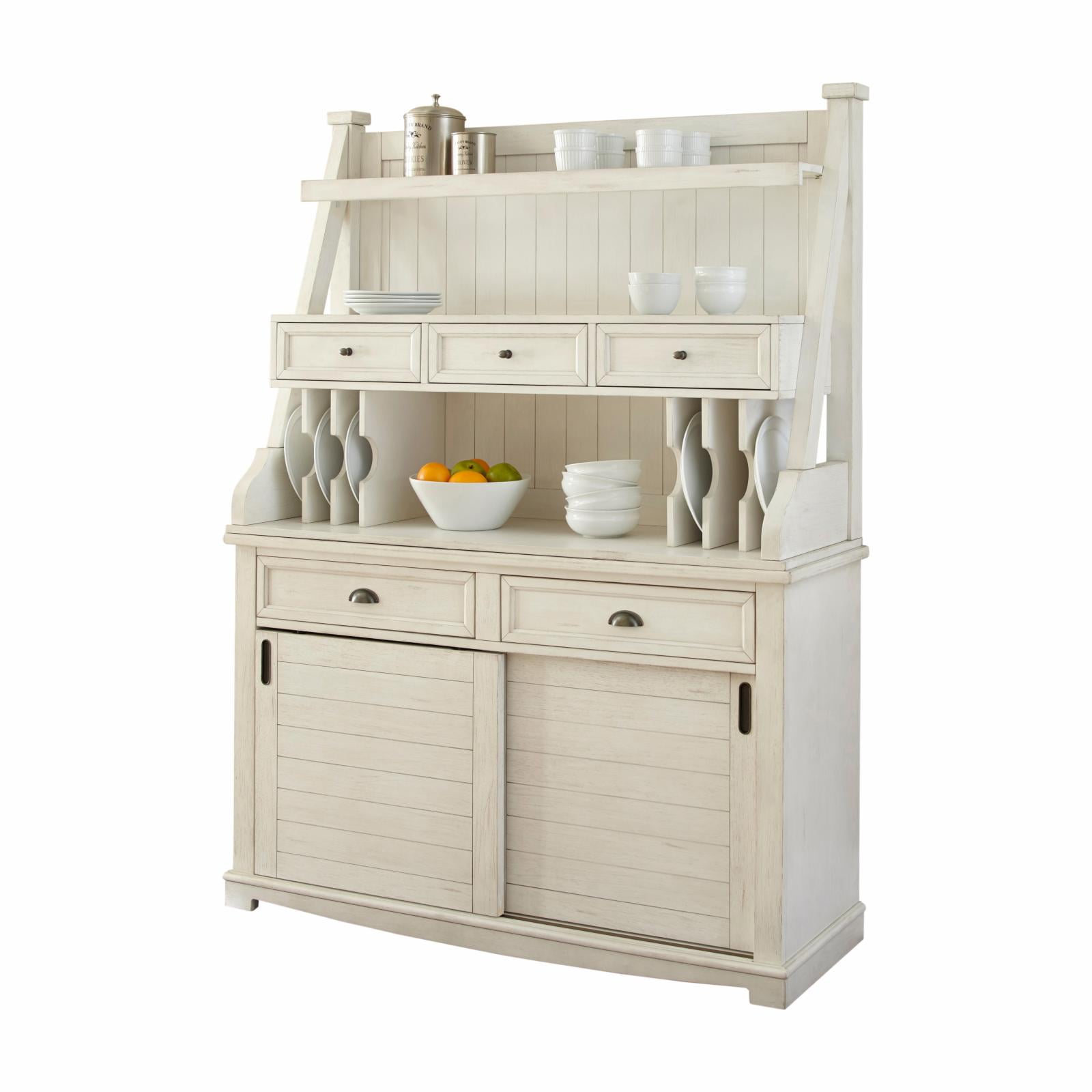 Antique White Distressed China Cabinet with Hutch