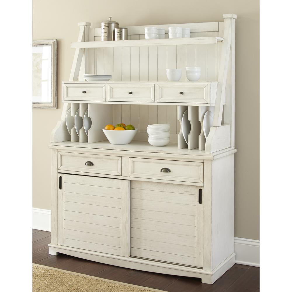 Antique White Distressed China Cabinet with Hutch
