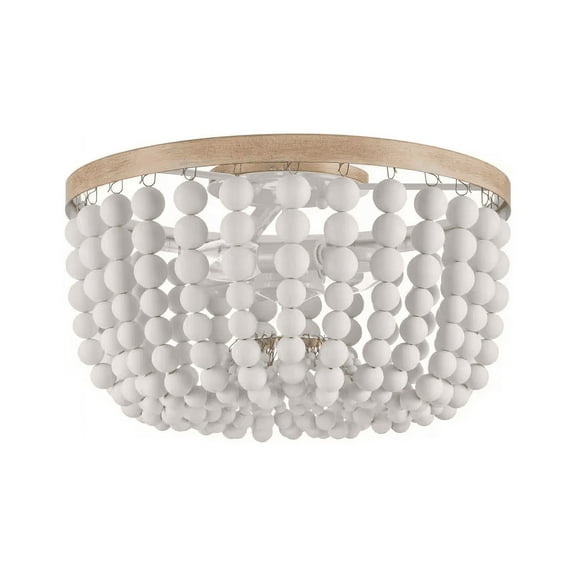 Cayman 13 in. 2-Light White and Faux Wood Beaded Flush Mount Ceiling Light Fixture with White Beaded Shade
