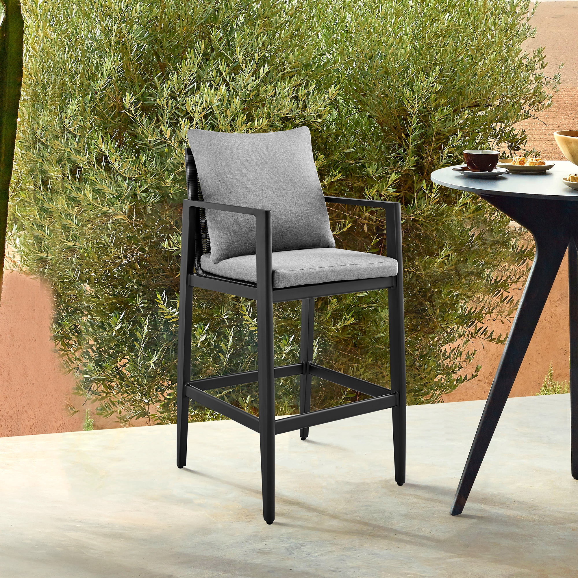 Cayman Outdoor Patio Counter Height Bar Stool in Aluminum with Gray Cushions - Set of 4