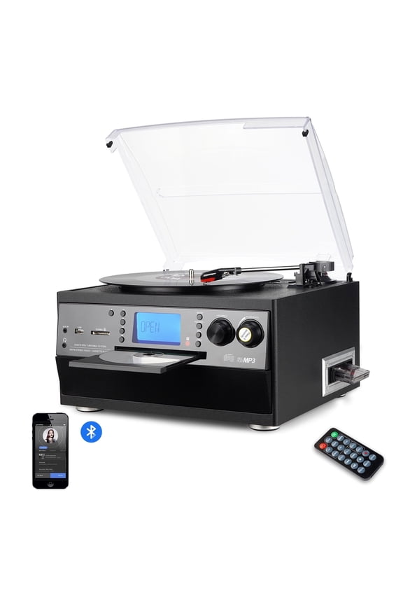 9-in-1 Retro Turntable with Built-in Speakers, Reocrd Player with Bluetooth, AM/FM Radio, CD, Cassette