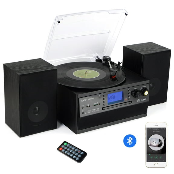 Caymuller  Record Player Bluetooth Turntable with Stereo Speaker, CD Player, Cassette, Radio, Aux in and SD Encoding, Remote Control, Audio Music Player Built in Amplifier