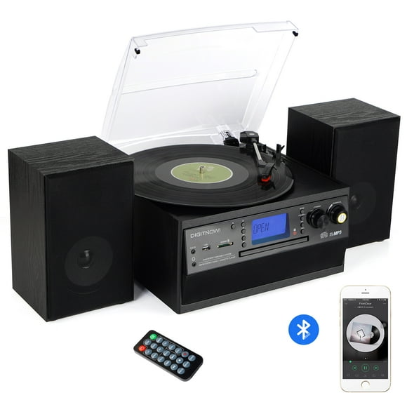 Caymuller  Record Player Bluetooth Turntable with Stereo Speaker, CD Player, Cassette, Radio, Aux in and SD Encoding, Remote Control, Audio Music Player Built in Amplifier