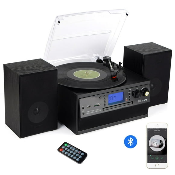Caymuller Record Player Bluetooth Turntable with Stereo Speaker, CD Player, Cassette, Radio, Aux in and SD Encoding, Remote Control, Audio Music Player Built in Amplifier