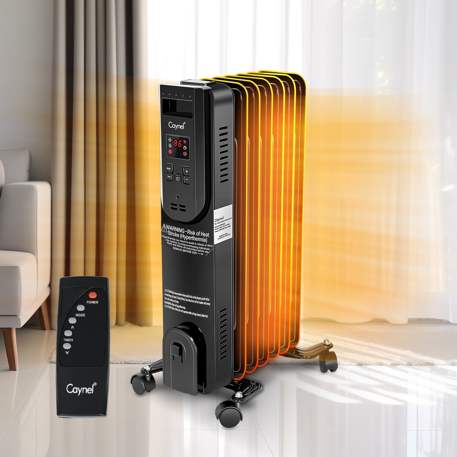 Caynel 1500W Electric Oil Filled Radiator Heater with Adjustable Thermostat Room Radiant,24H TimerTip-over Protection