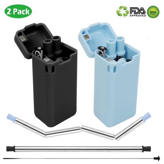Caynel Collapsible Reusable Portable Straws, Food-Grade with Hard Case and Cleaning Brush (2 Pack)