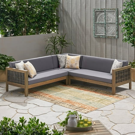 Cayson Outdoor 5 Seater Wood and Wicker Sectional Sofa Set, Gray, Dark Gray